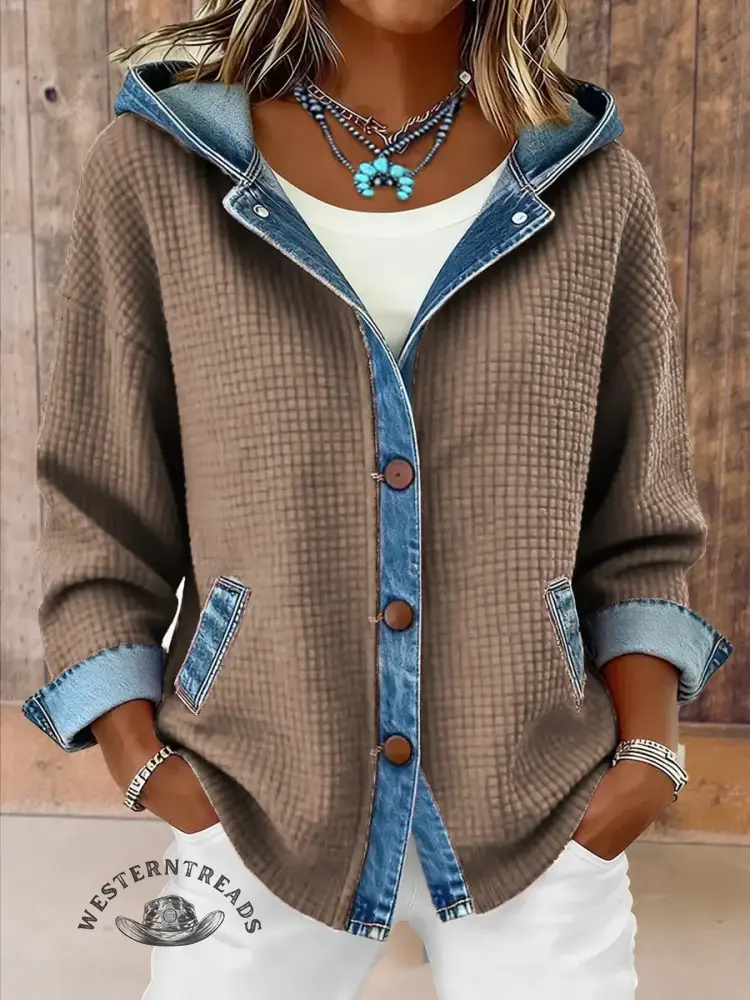 Vintage Contrast Denim Hooded Patchwork Jacket - Image 4