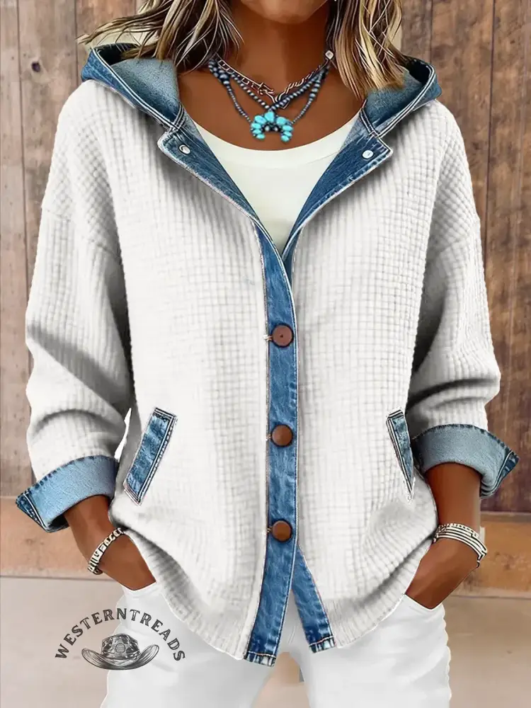 Vintage Contrast Denim Hooded Patchwork Jacket - Image 5