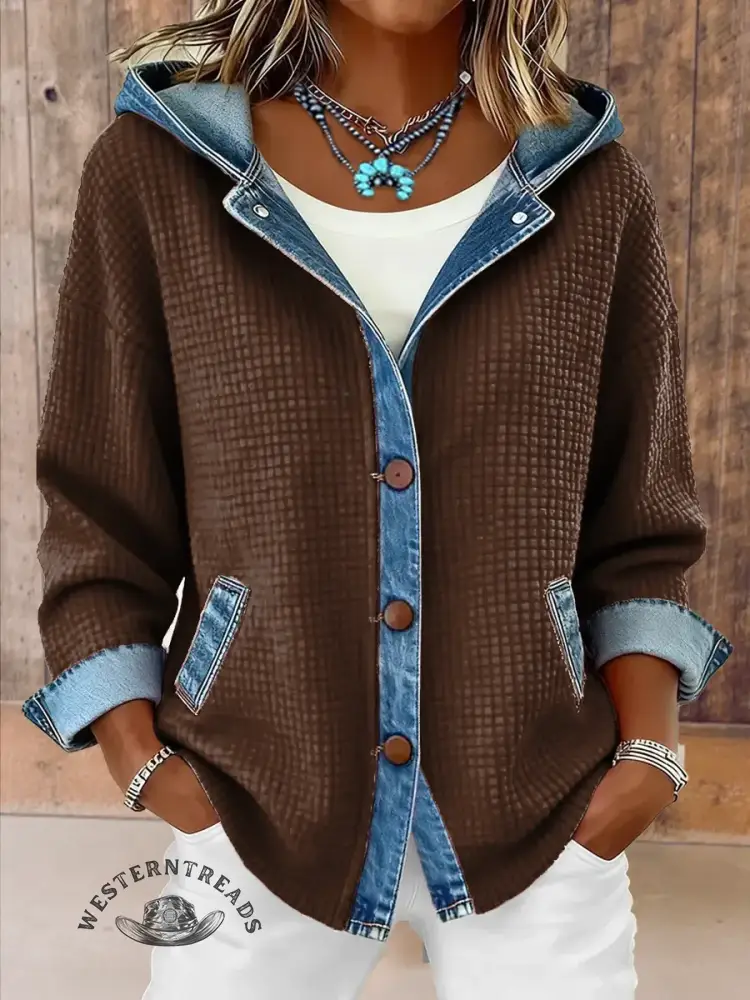 Vintage Contrast Denim Hooded Patchwork Jacket - Image 6