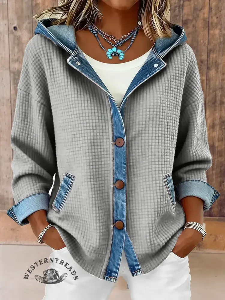 Vintage Contrast Denim Hooded Patchwork Jacket - Image 7