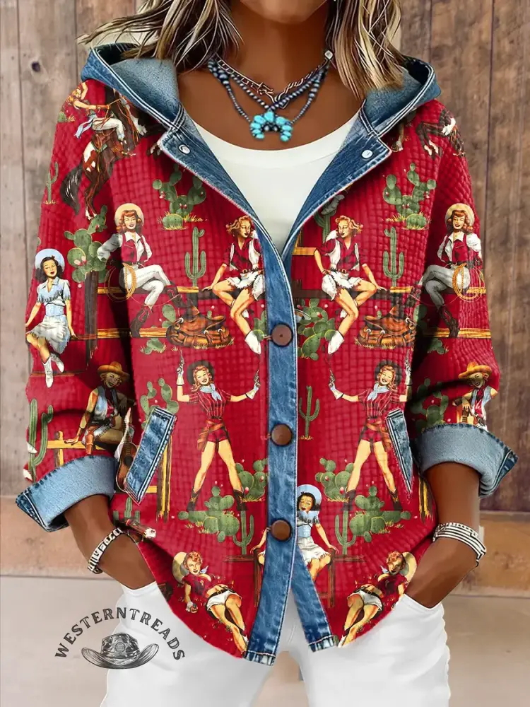Vintage Contrast Denim Hooded Patchwork Jacket