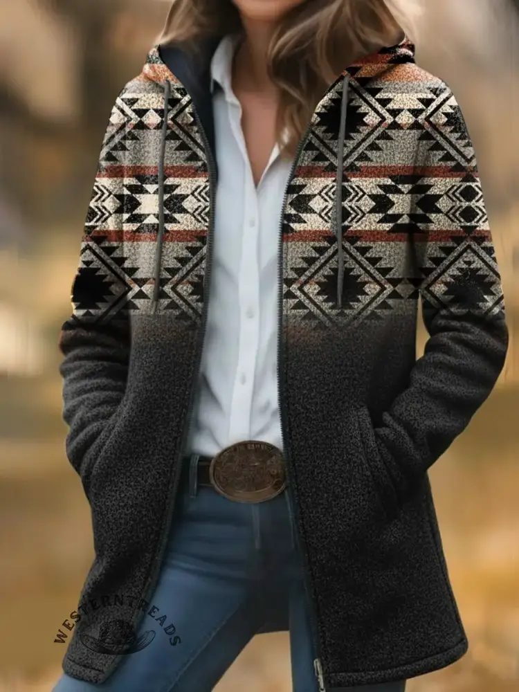 Vintage Contrast Western Printed Fleece Patchwork Jacket