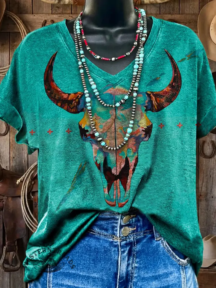 Vintage Cow Skull Print V-neck T-shirt