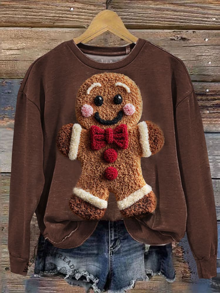 Vintage Cute Christmas Gingerbread Man Prints Casual Cotton Sweatshirt