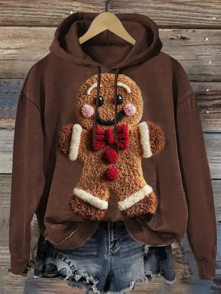 Vintage Cute Christmas Gingerbread Man Prints Casual Cotton Sweatshirt - Image 2