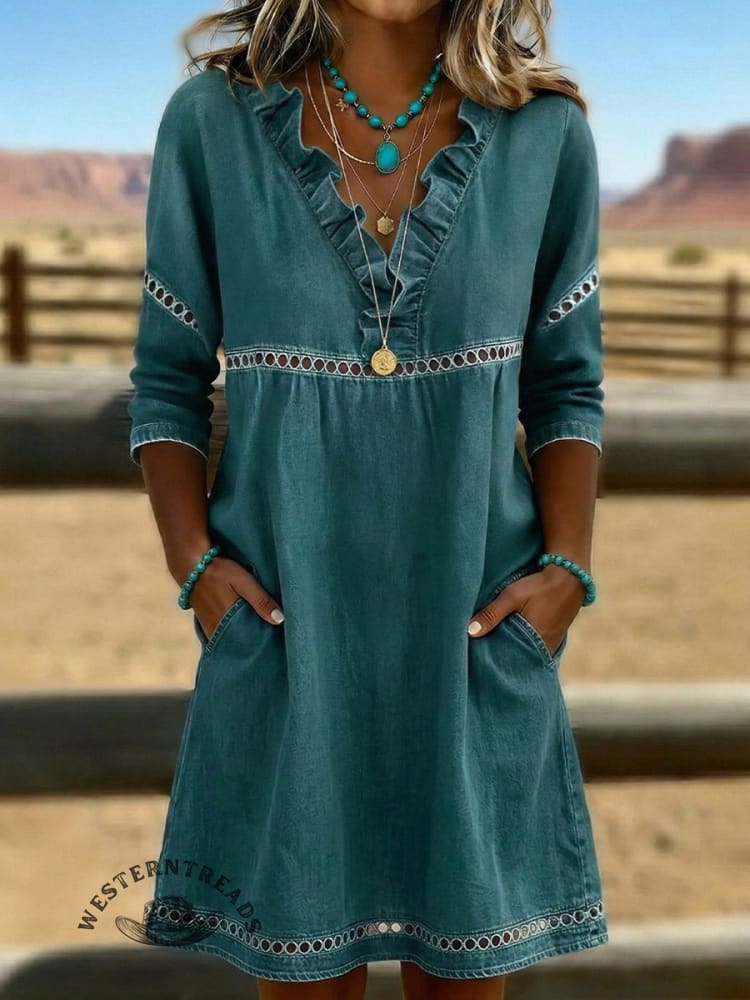 Vintage Denim Ruffles Patchwork Hollowed Out Lace Western Art  Mid Dress