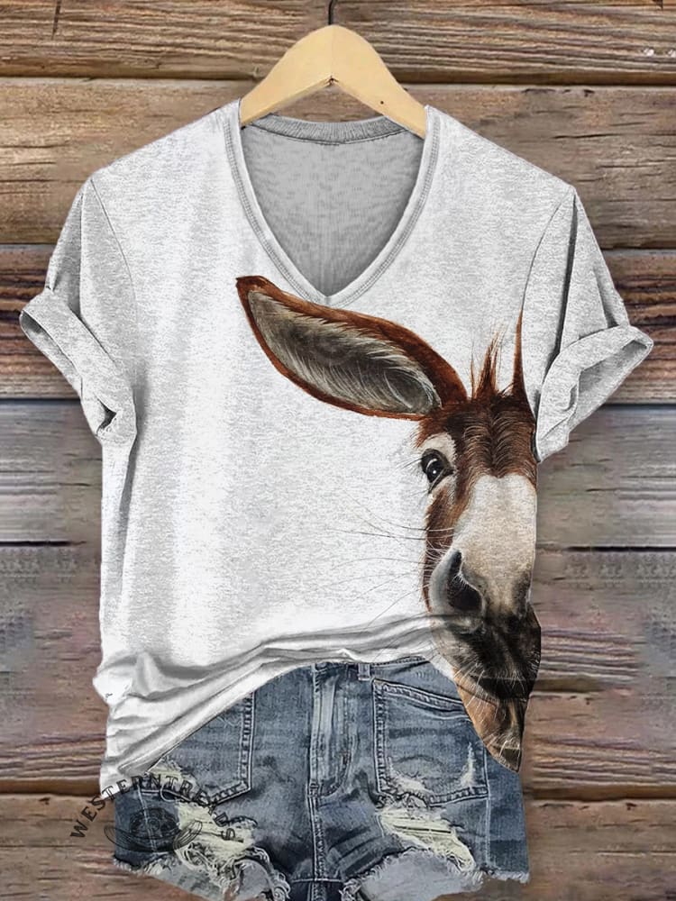 Vintage Donkey Art Print Classic V-neck Short-sleeved T-shirt