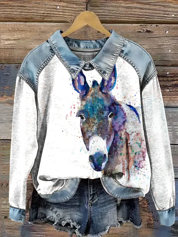 Vintage Donkey Print Patchwork Denim Sweatshirt