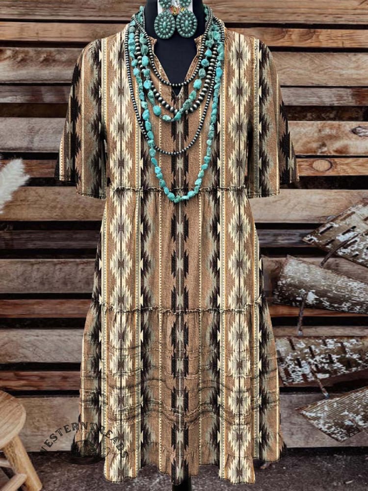 Vintage Elegant Denim Western Aztec Art Mid Dress
