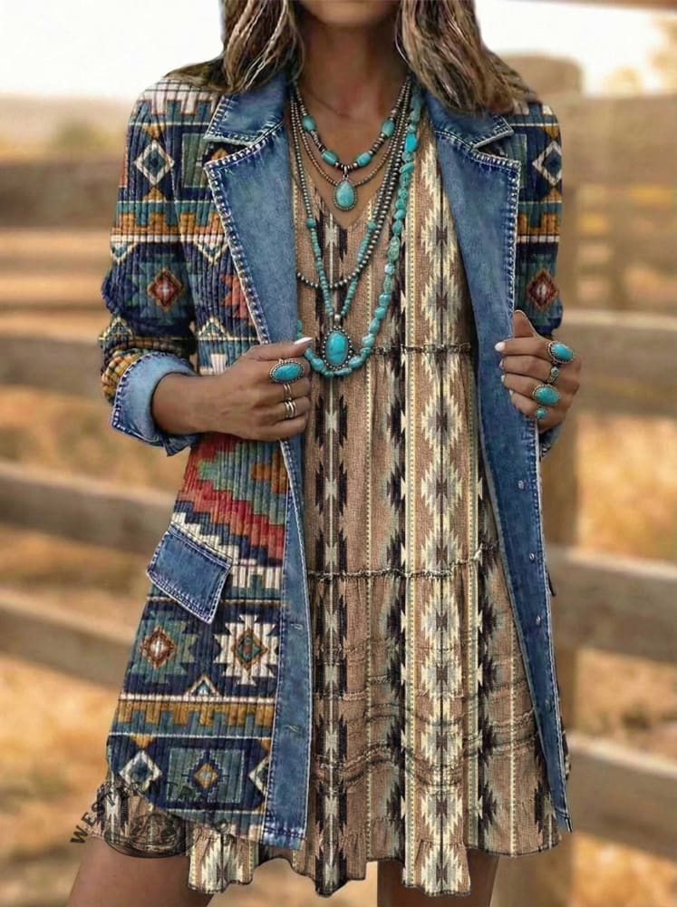 Vintage Elegant Denim Western Aztec Art Mid Dress - Image 2
