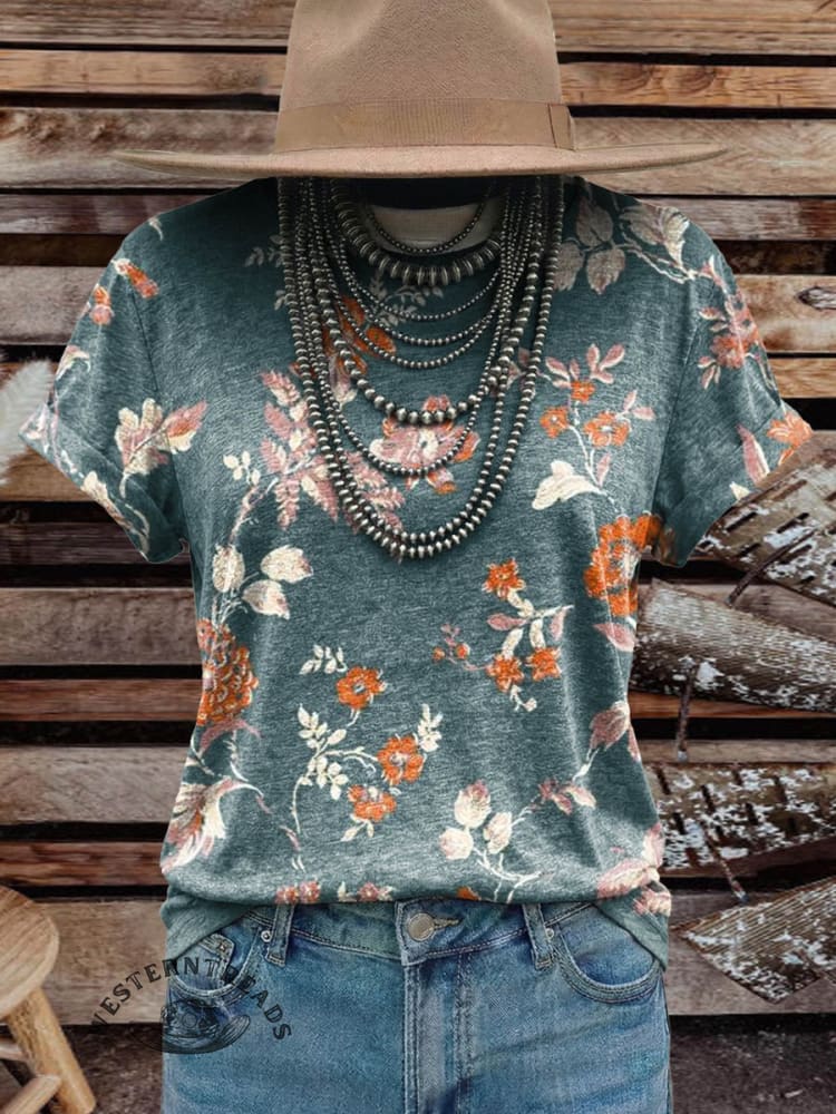 Vintage Elegant Soft Western Flowers Art Cotton T-shirt Top