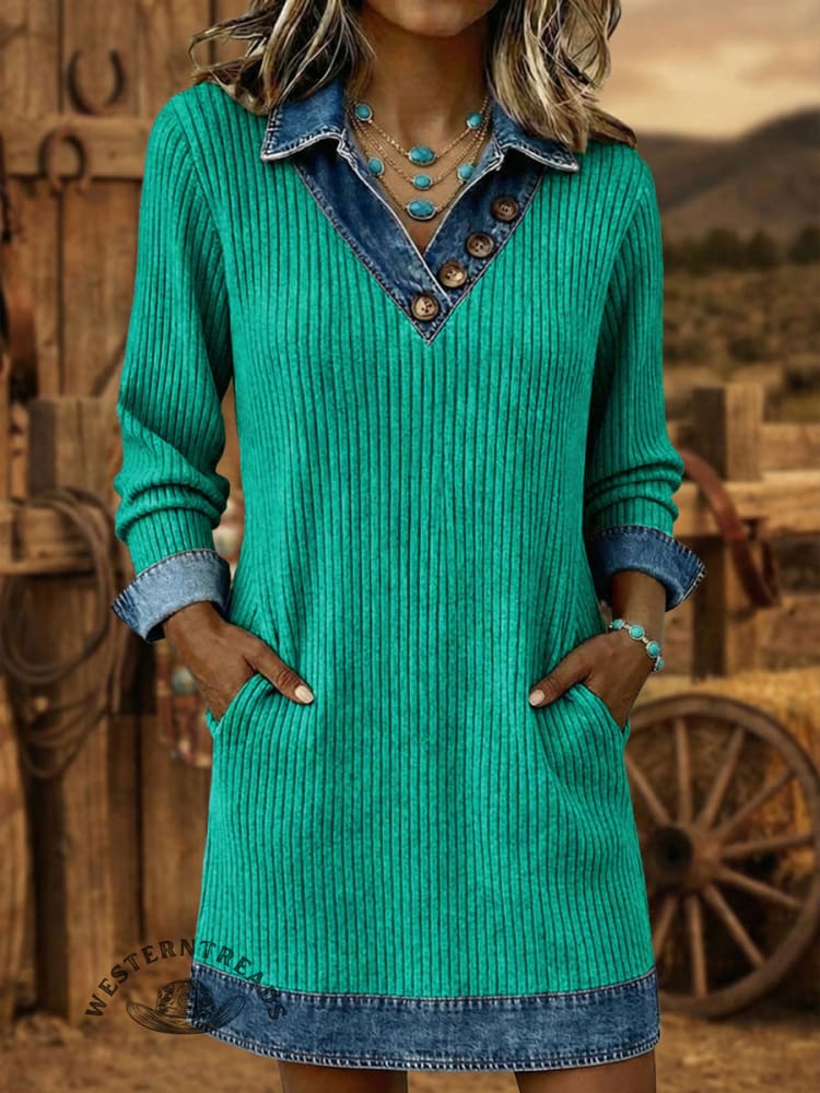 Vintage Elegant Western Aztec Art Patchwork Denim Mid Dress