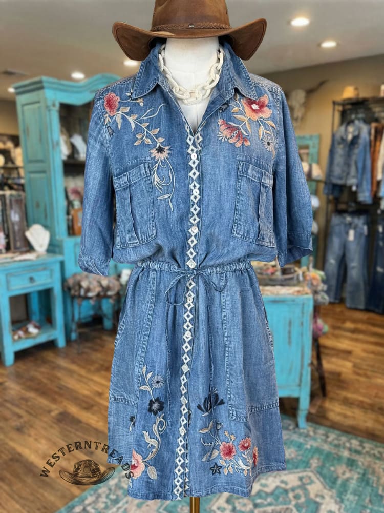 Vintage Elegant Western Embroidered Flowers Art Denim Mid Dress
