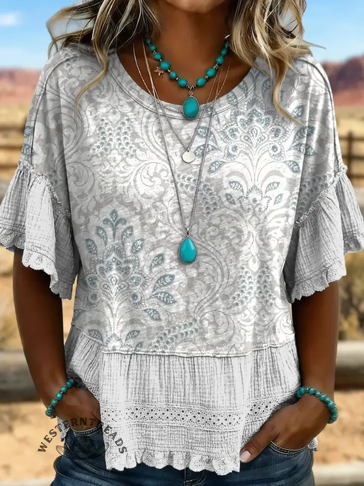 Vintage Floral Art Hollowed Out Lace Patchwork T-shirt