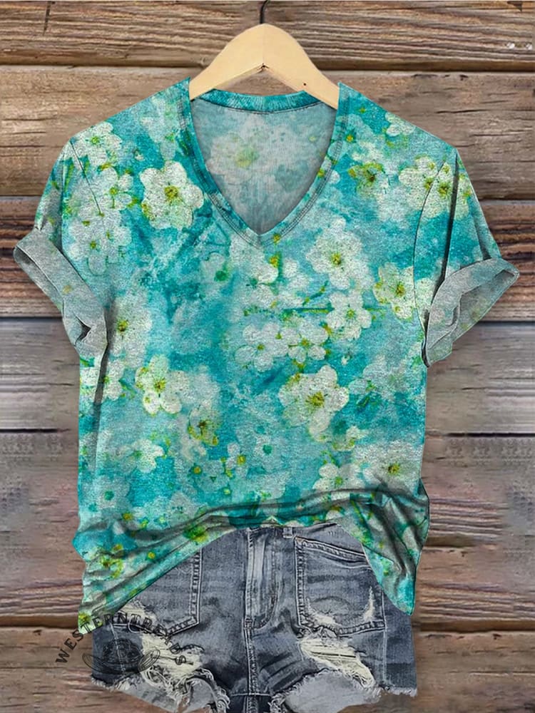 Vintage Floral Art Print Casaul Short Sleeve T-shirt