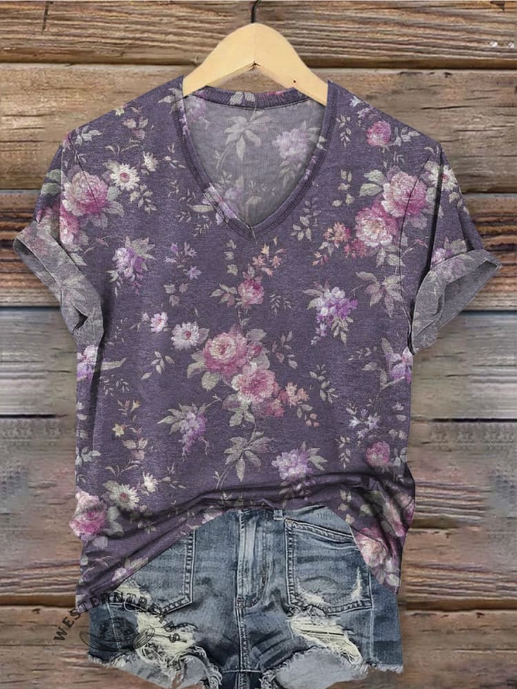 Vintage Floral Art Print Casaul Short Sleeve T-shirt
