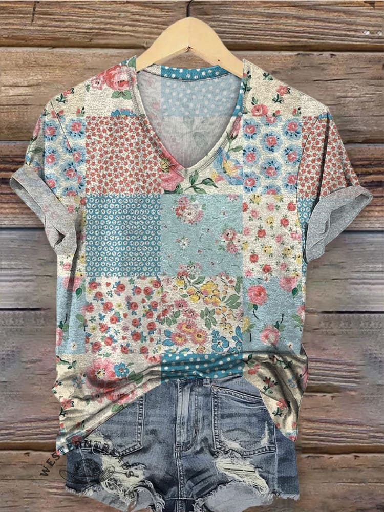 Vintage Floral Art Print Casaul Short Sleeve T-shirt