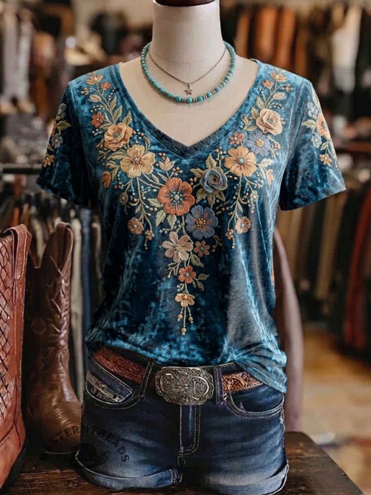 Vintage Floral Art Print Casaul Short Sleeve T-shirt