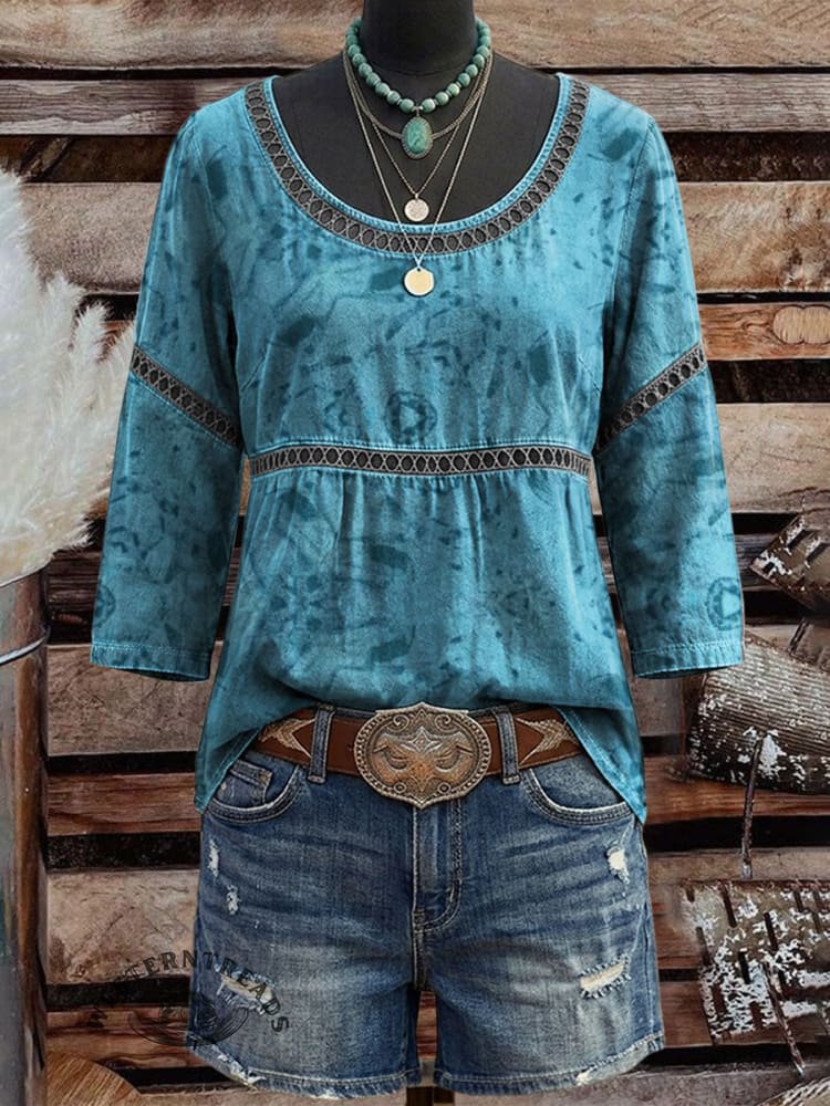 Vintage Floral Art Print Casual 3/4 Sleeves Hollow Denim Shirt