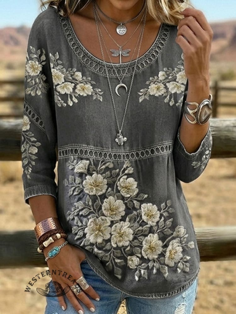 Vintage Floral Art Print Casual 3/4 Sleeves Hollow Denim Shirt