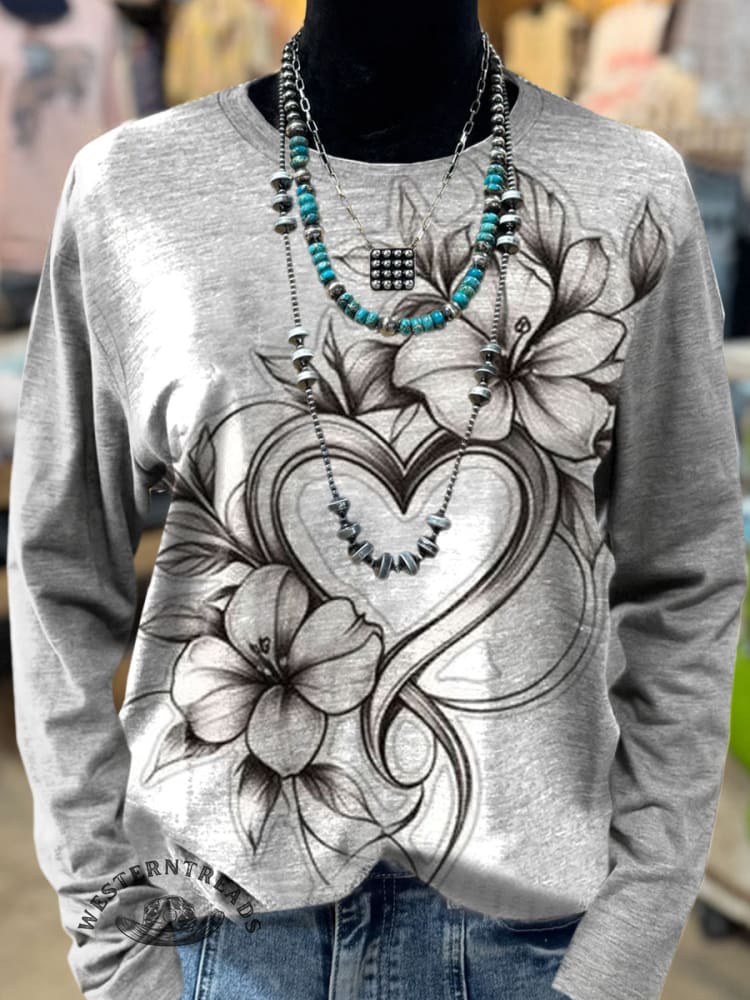 Vintage Floral Art Print Casual Long Sleeves T Shirt