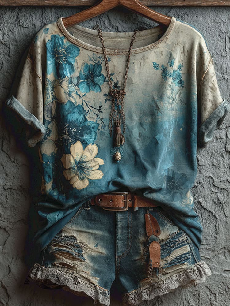 Vintage Floral Art Print Casual Short Sleeve T-shirt