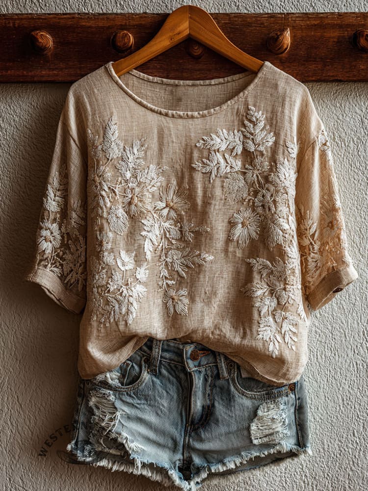 Vintage Floral Art Print Casual Short Sleeve T-shirt