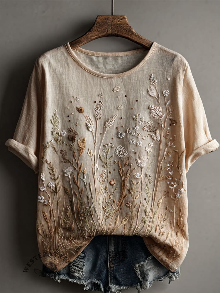 Vintage Floral Art Print Casual Short Sleeve T-shirt