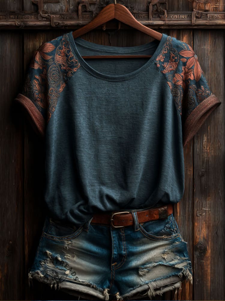 Vintage Floral Art Print Casual Short Sleeve T-shirt