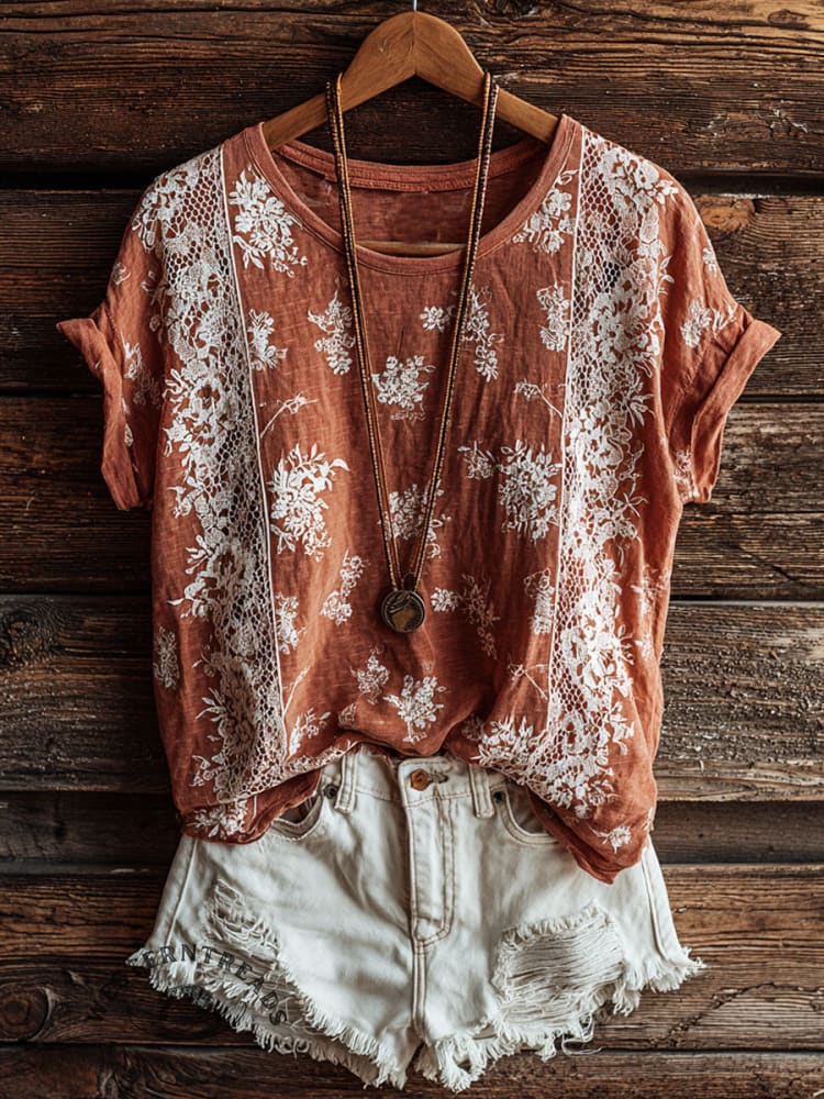 Vintage Floral Art Print Casual Short Sleeve T-shirt