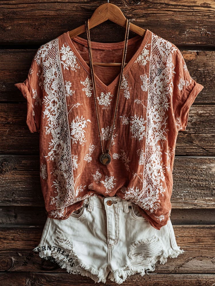 Vintage Floral Art Print Casual Short Sleeve T-shirt - Image 2