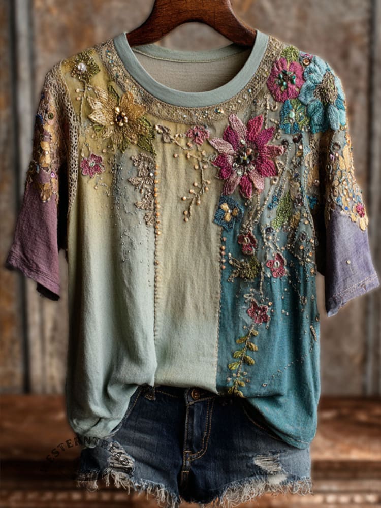 Vintage Floral Art Print Casual Short Sleeve T-shirt