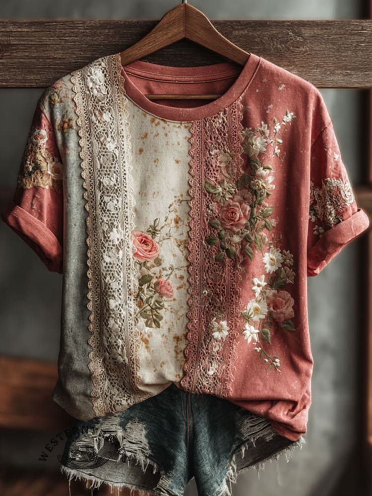 Vintage Floral Art Print Casual Short Sleeve T-shirt