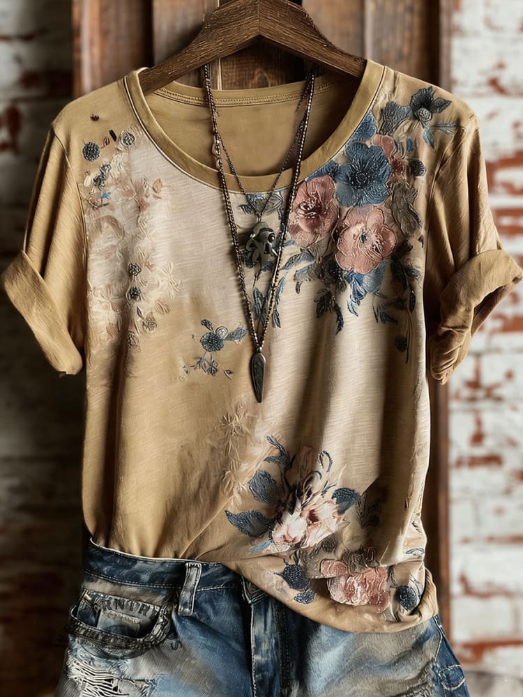 Vintage Floral Art Print Casual Short Sleeve T-shirt - Image 2