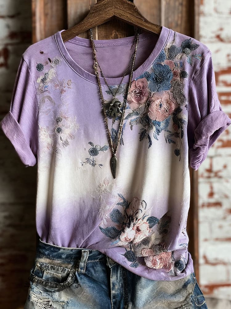Vintage Floral Art Print Casual Short Sleeve T-shirt - Image 4