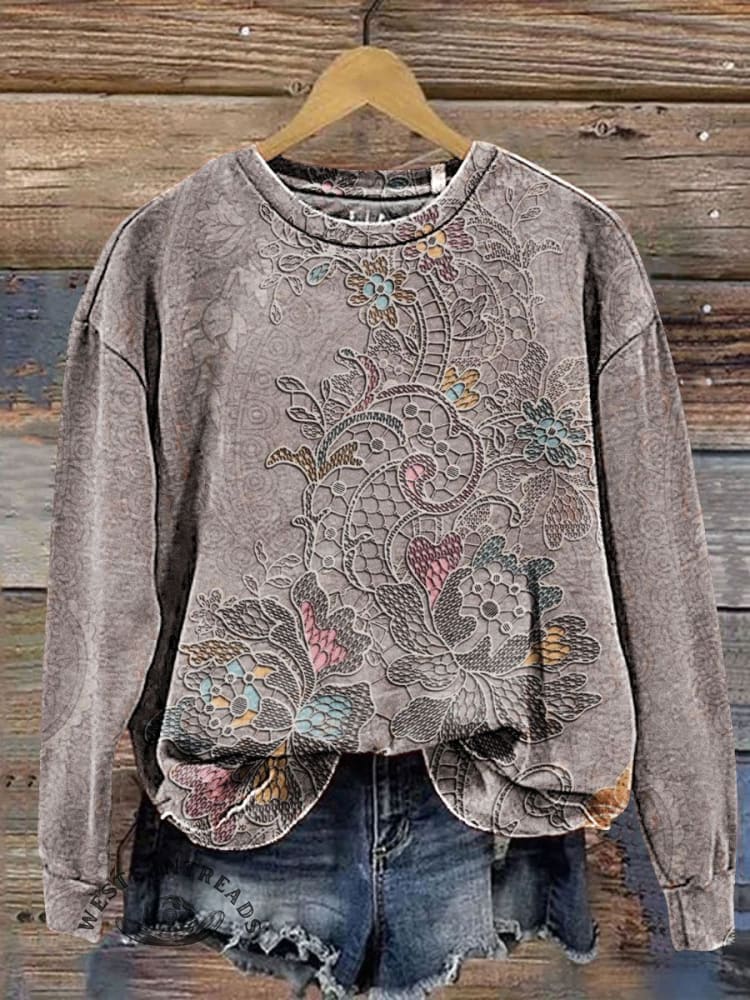 🔥Hot Sale🔥Vintage Floral Art Print Casual Sweatshirt