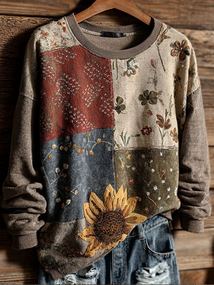 Vintage Floral Art Print Casual Sweatshirt