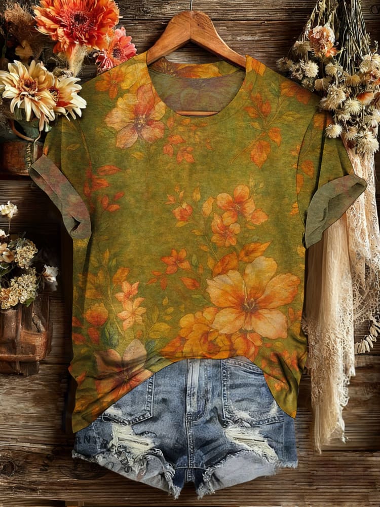 Vintage Floral Art Print Casual T-shirt