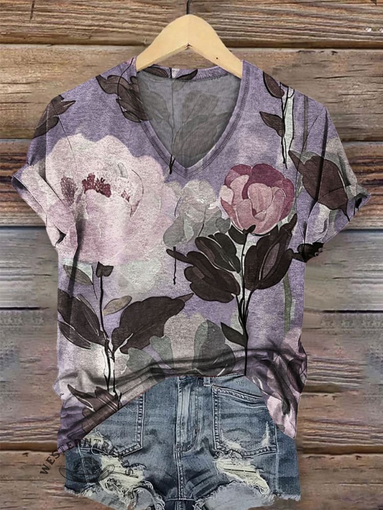 Vintage Floral Art Print Casual V-neck T-shirt