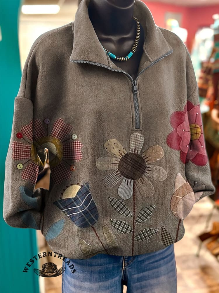 Vintage Floral Art Prints Casual Long Sleeve Zip Sweatshirt