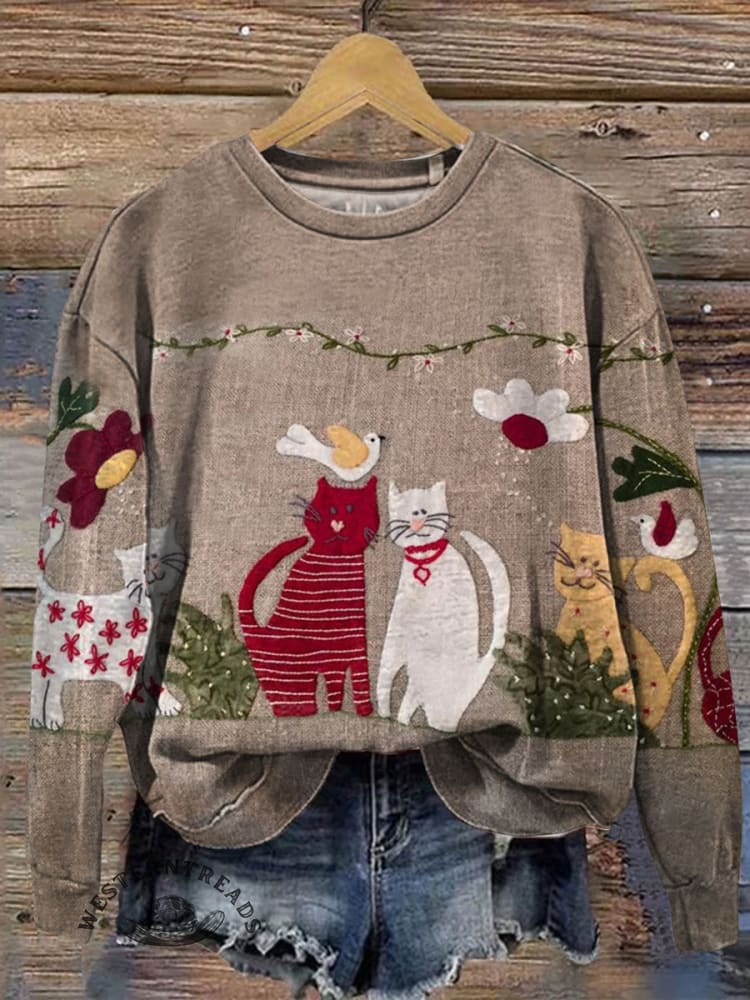 Vintage Floral Cat Art Print Casual Cotton Sweatshirt
