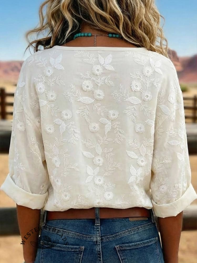 Vintage Floral Embroidered Notch Neck Half Sleeve Blouse - Image 2