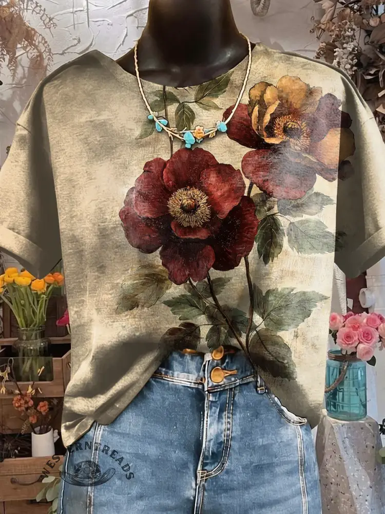 Vintage Floral Heart Print T-shirt