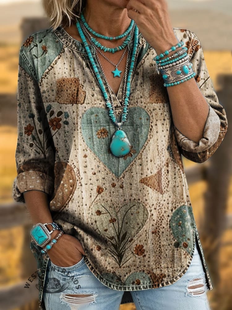 Vintage Floral Heart Print V-neck Long Sleeve Denim Top