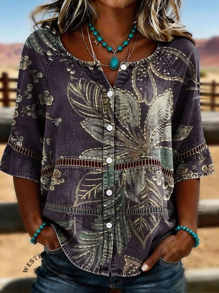 Vintage Floral Print Casual Hollow-out Denim Shirt