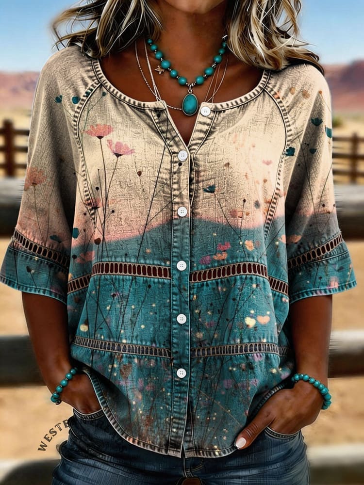Vintage Floral Print Casual Hollow-out Denim Shirt
