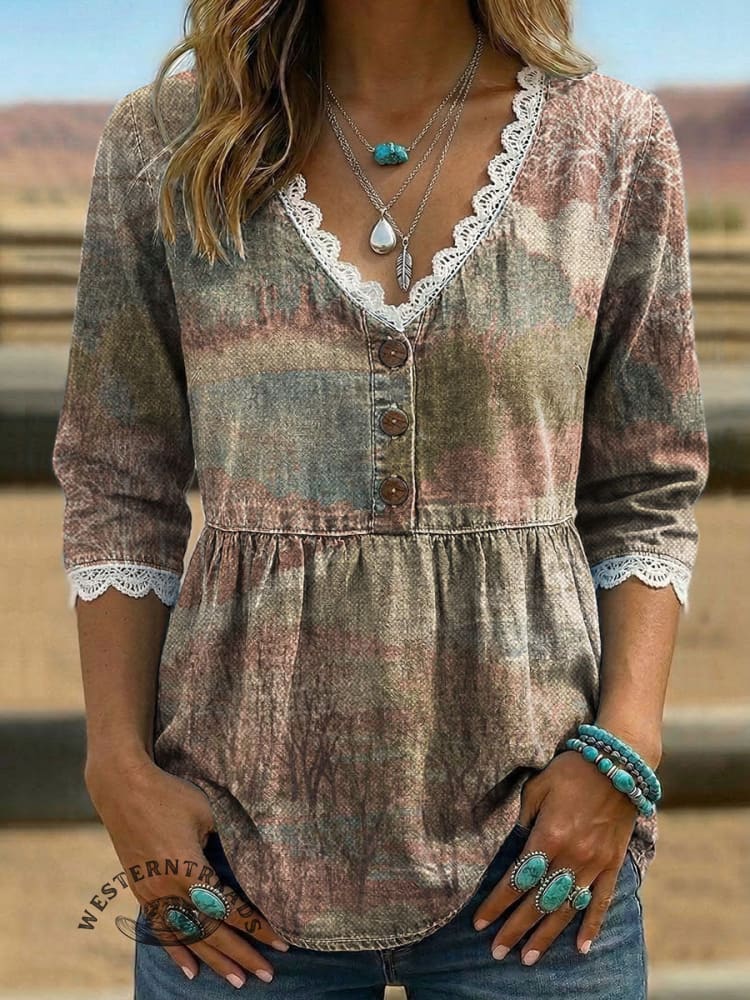 Vintage Floral Print Casual Hollow-out Denim Shirt