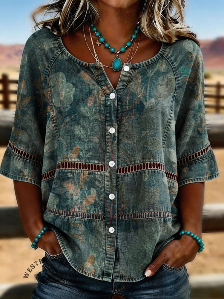 Vintage Floral Print Casual Hollow-Out Denim Shirt