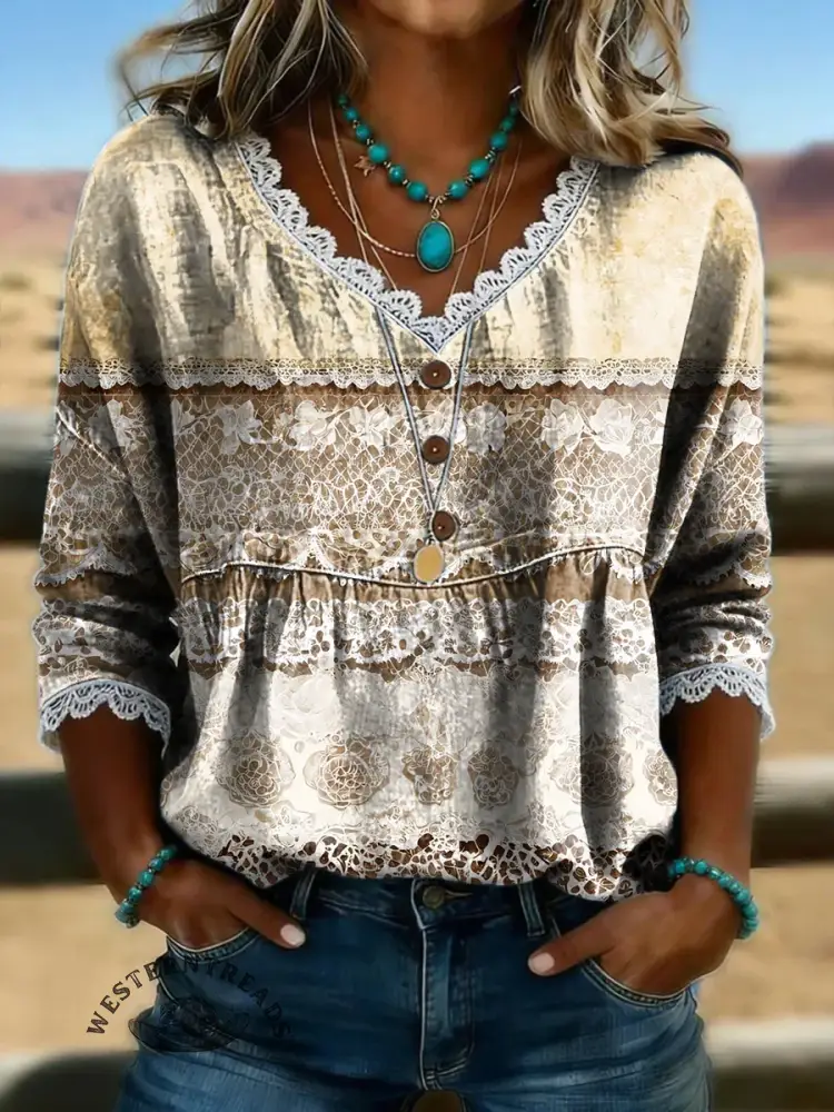 Vintage Floral Print Casual Hollow-out Lace Denim Shirt