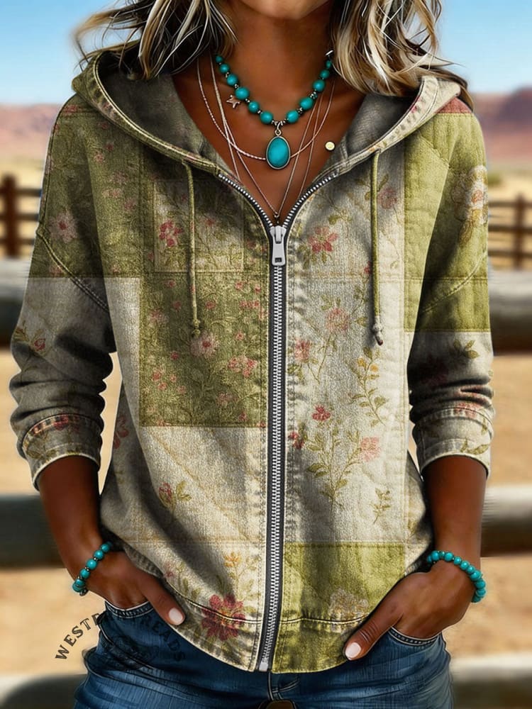 Vintage Floral Print Casual Long Sleeve Denim Zipper Hoodie Coat